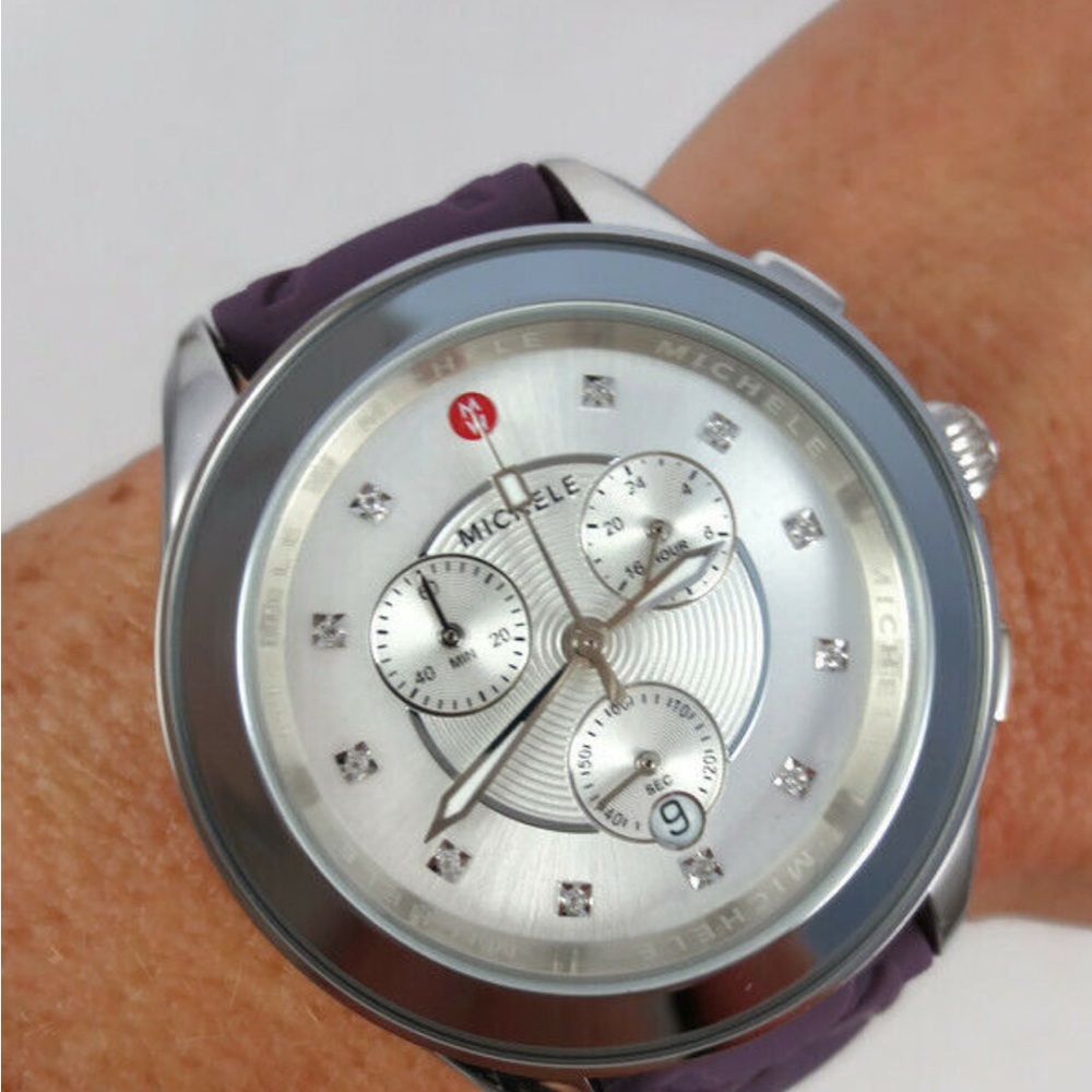 EUC Michele Violet Purple Silver Silicone Chronograph Watch